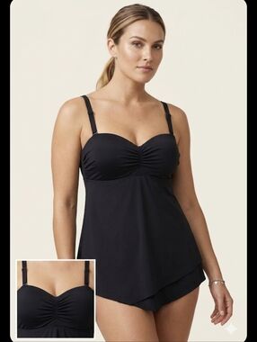 NWT Cacique Lightly Lined Bandeau Tankini Swim Top Under Wire Black Size 40DD